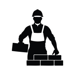 Silhouette of a construction worker laying bricks with safety helmet on site, bricklayer silhouette vector illustration