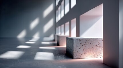 Abstract Interior Scene with Light and Shadow Patterns on White Structure and Concrete Floor