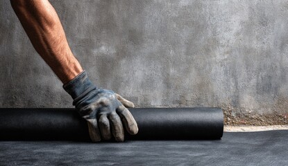 A person in work gloves unrolls a dark roll of material