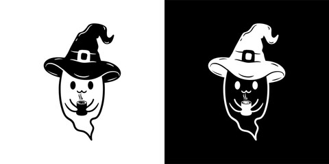 cute cartoon ghost happy halloween with witch hat and coffee cup