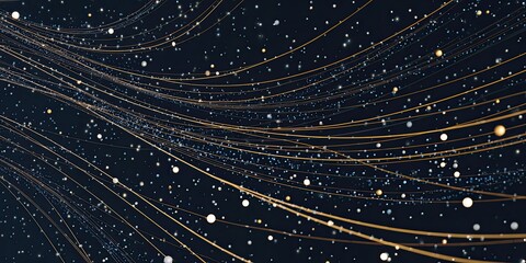 Abstract digital tapestry of swirling golden and blue lines and particles