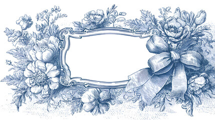 Blue vintage garden, flowers, plant and ornament. Wedding classic elegant  invitation. Vector illustration of engraving, ribbon, bow, vignette, frame, border, pattern, stamp for certificate