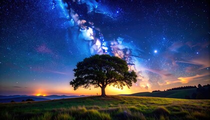 Lone tree sits on a lush hill under a vibrant, cosmic night sky at dusk, as colors fade on the horizon
