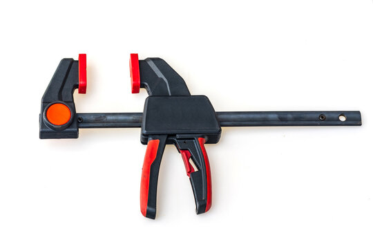 F-clamp for woodworking isolated on white background.