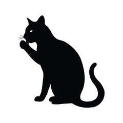 Elegant black cat silhouette grooming itself with focused gaze, sitting tall, cat licking paw silhouette vector illustration