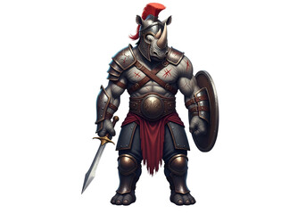 A powerful rhino warrior, clad in intricate metal armor, stands ready with sword and shield against a stark black backdrop.