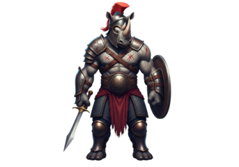 A powerful rhino warrior, clad in intricate metal armor, stands ready with sword and shield against a stark black backdrop.