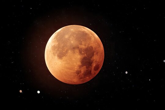 A reddish-orange full moon against a star-studded night sky - Powered by Adobe