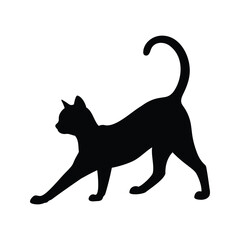 Black silhouette of a cat stretching with its tail up on white, cat stretching silhouette vector illustration