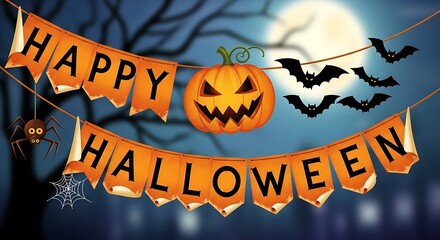 Happy halloween banner with a pumpkin, bats, and spider against a spooky night sky and full moon