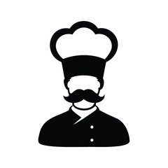 Chef with a magnificent mustache wearing a traditional toque and uniform, chef logo silhouette vector illustration