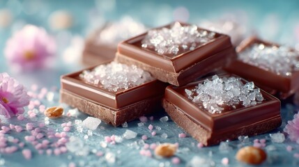 Gourmet Dark Chocolate Pieces Topped with Salt on Blue Surface Surrounded by Pink Blossoms and Bokeh Lights for a Sweet and Salty Treat