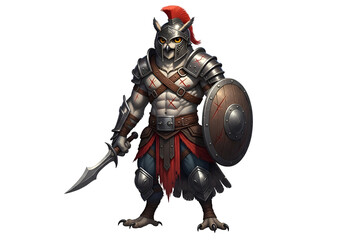 Naklejka premium A formidable owl warrior in Roman-style armor stands ready with sword and shield, showcasing detailed design and dramatic lighting.