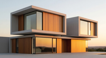 Modern minimalist house with wood panels at sunset