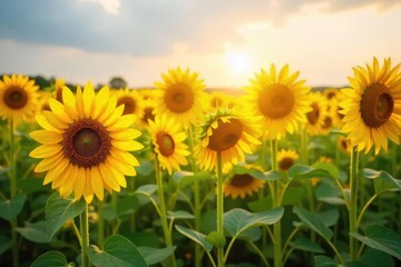 A vibrant field of sunflowers basking in the golden sunlight, their tall stalks swaying gently in the breeze Perfect for summer, nature, and agriculture themes , swaying, horticulture