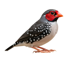 Close-up profile view of a colourful finch with a striking pattern of black, white, and red.
