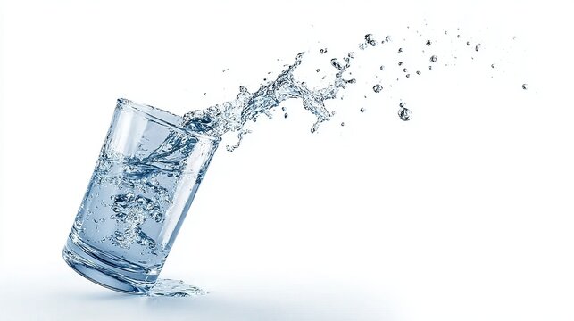 A dynamic splash of water erupts from a tilted glass, capturing the motion and clarity of liquid in mid-air against a stark white background.