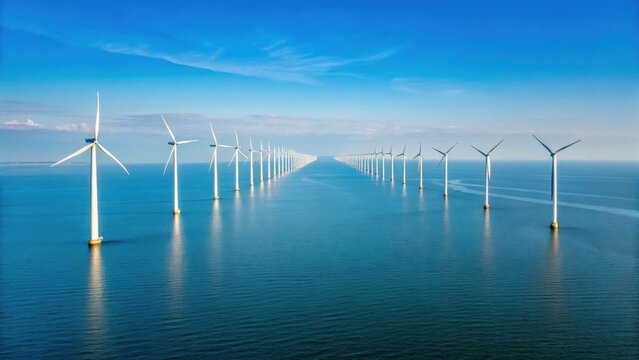 Wind turbines line a serene ocean landscape under a clear blue sky, showcasing renewable energy in harmony with nature.