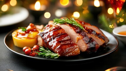 Delicious glazed ham with rosemary and cranberries for a festive meal.