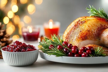Roasted turkey on a festive table setting with cranberries, rosemary, and candles.