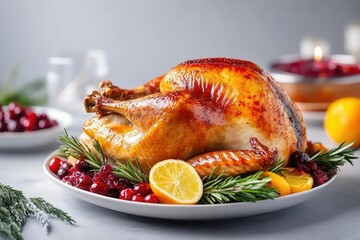 Roasted turkey with cranberries, rosemary, and citrus fruit on a white plate.