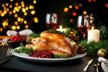Roasted turkey on a festive table setting with cranberries, rosemary, and candles.