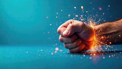 A stylized close-up shot of a fist impacting a blue surface, sparks flying; concept of overcoming adversity or struggle against a powerful force ,  abstract,  perseverance