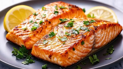 Closeup of grilled salmon fillets with lemon and parsley on a black plate.