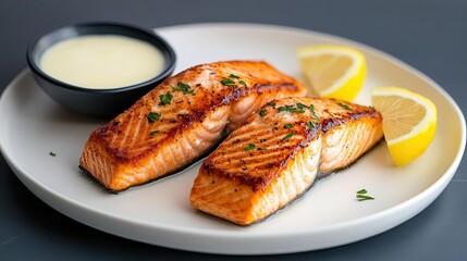Grilled salmon fillets with lemon wedges and sauce on a white plate.