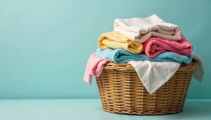 A sturdy, woven laundry basket overflowing with neatly folded clean laundry, ready for putting away Ideal for home organization and efficient housekeeping , chores, storage