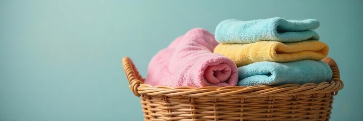 A sturdy, woven laundry basket overflowing with clean, neatly folded clothes and towels, ready for putting away Ideal for home organization and efficient housekeeping , domestic, clean laundry