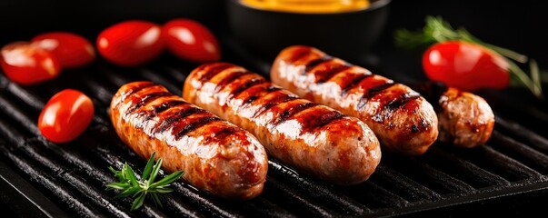 Close-up of grilled sausages on a barbecue grill.
