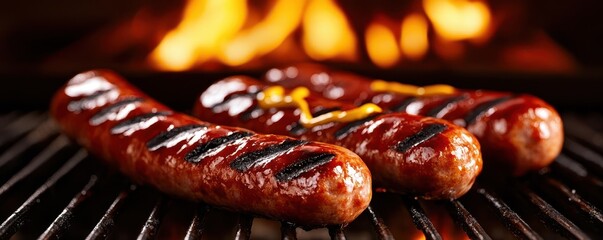 Close-up of grilled sausages on a barbecue grill with flames in the background.