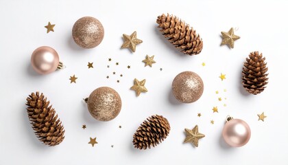 Festive flat lay featuring pine cones, golden star confetti, and blush-toned spherical ornaments scattered across a clean, white background