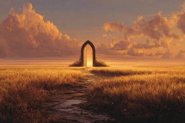 A stone archway gateway opens into a golden field at sunset