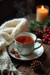 A steaming mug of herbal tea sits on a rustic wooden table beside a cozy knit blanket, surrounded by pinecones and winter berries Perfect for a chilly evening , christmas, calm