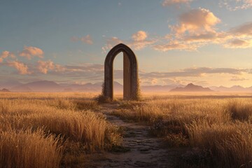 A stone archway in a golden field at sunset