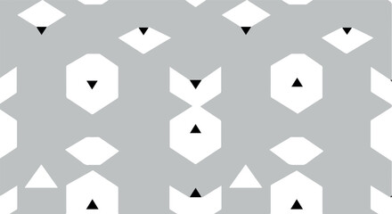 Geometric pattern of white shapes with black triangles on gray background.