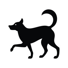 Stylized black silhouette of a dog with raised tail and one paw up, dog chasing tail silhouette vector illustration