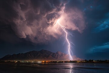 Dramatic lightning strike over a city at night