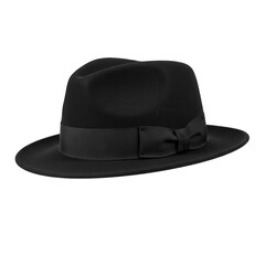 A classic black fedora hat with a grosgrain ribbon band and a bow, isolated on a transparent background, representing style and sophistication