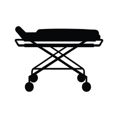 Black silhouette of a hospital gurney with padding and wheels on white, hospital stretcher silhouette vector illustration