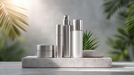 Sleek silver cosmetic bottles and jar on a stone platform with green plants and soft natural light in the background.