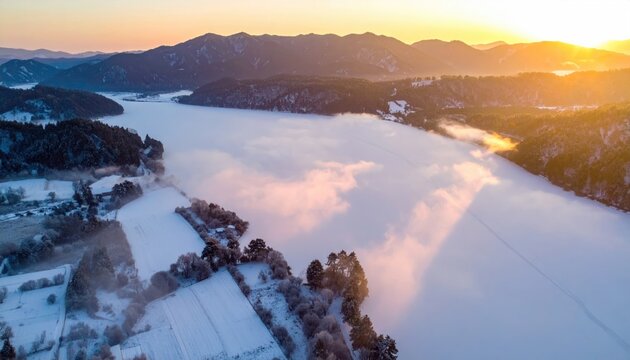 Aerial view of a frozen lake at sunrise. Wisps of fog linger over the snow-covered landscape, with distant mountains against the golden sky