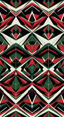Geometric pattern with red green and white colors in a symmetrical design.