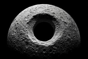 A grayscale moon-like sphere with a large hole