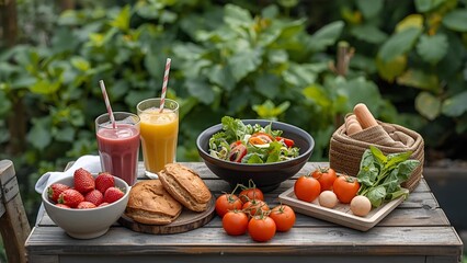 Fresh outdoor healthy meal with salad, fruits, bread, and juices