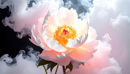 A luminous, soft pink peony bloom surrounded by swirling, ethereal white smoke against a stark black background. Delicate petals radiate light