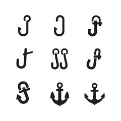  Black and white different hook icons Silhouette On White Background. 