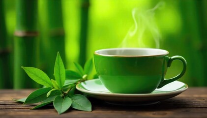 A steaming cup of vibrant green tea, nestled amongst lush bamboo stalks The tranquil scene evokes serenity and natural freshness, perfect for wellness and Asian culture themes , zen, chinese